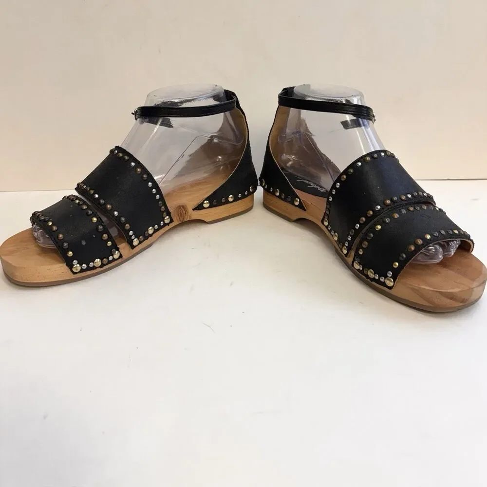 FREE PEOPLE Wooden Heels Black Leather North Shore Sandals Women’s 38 (US 7.5-8) - Picture 5 of 10
